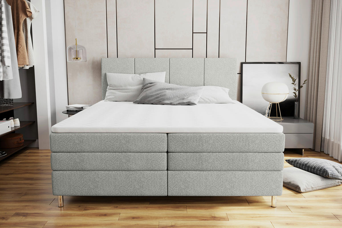 BOXSPRINGBETT 200/200 cm,  in Hellgrau, Bettkasten, Topper, Matratzen, H3 = fest  - Chromfarben/Hellgrau, KONVENTIONELL, Kunststoff/Textil (200/200cm) - Boxxx