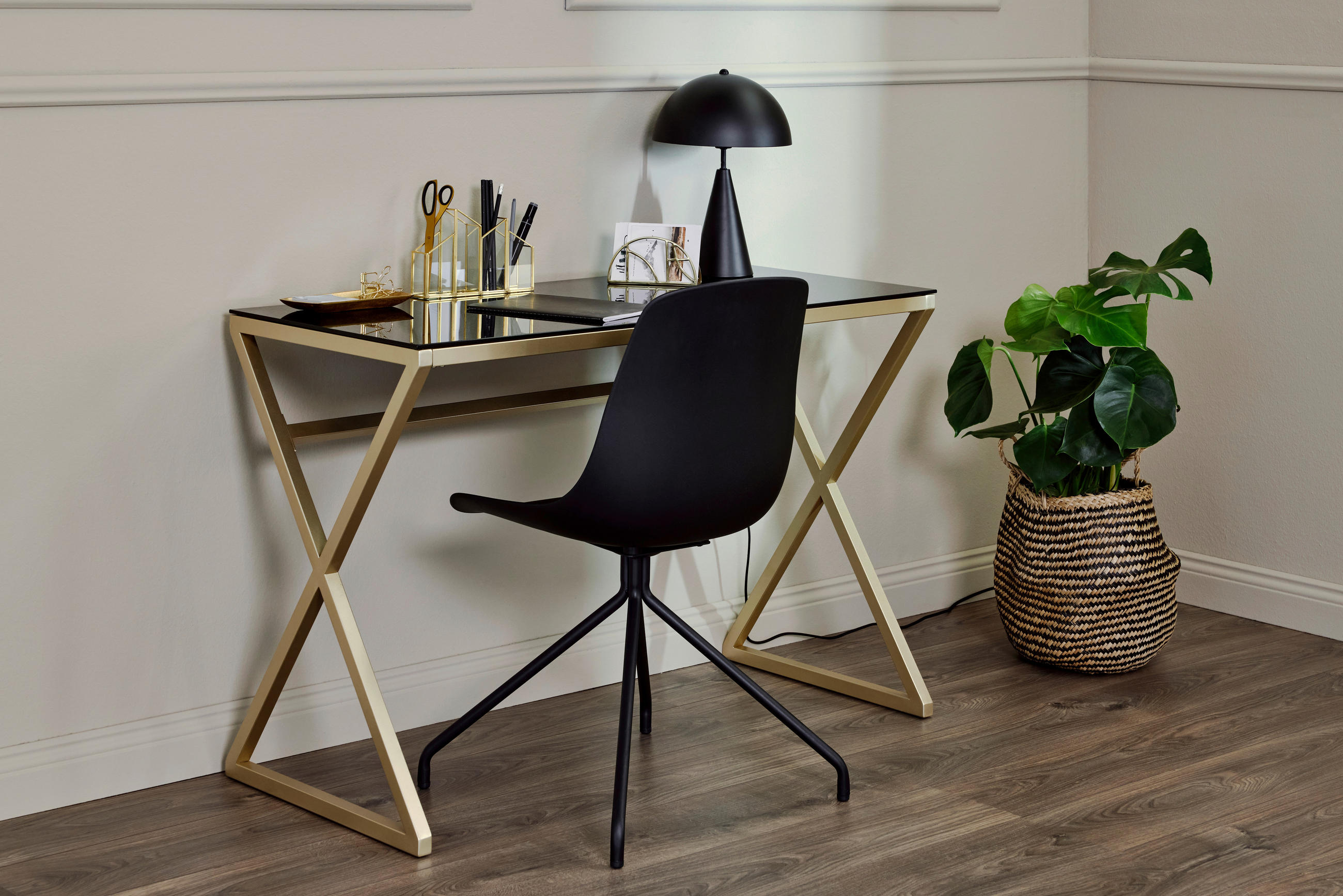 SCHREIBTISCH 110/50/72 cm in Goldfarben, Schwarz - Goldfarben/Schwarz, Modern, Glas/Metall (110/50/72cm) - Livetastic