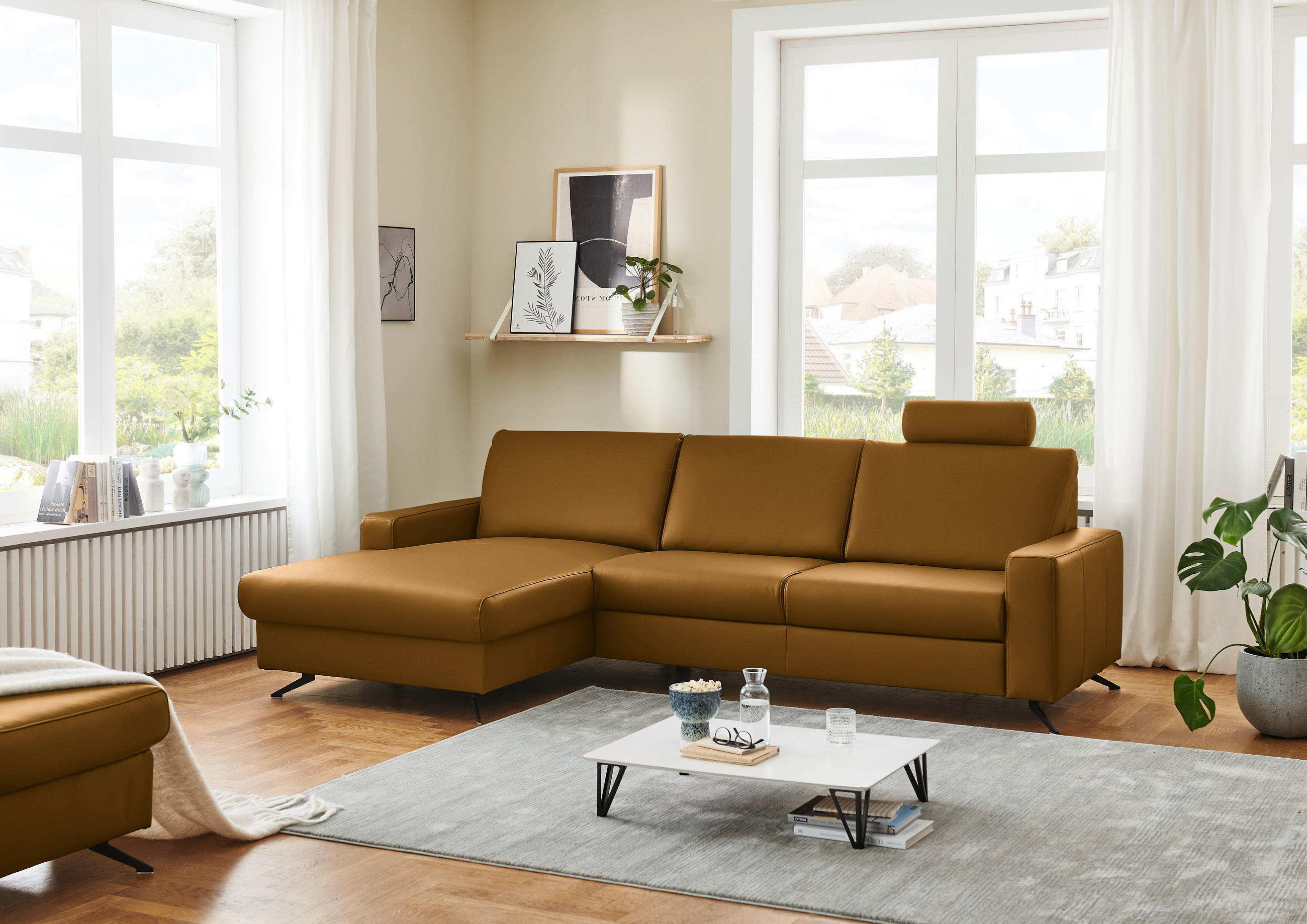 ECKSOFA in Echtleder Currygelb  - Currygelb/Schwarz, Design, Leder/Metall (165/267cm) - Lomoco