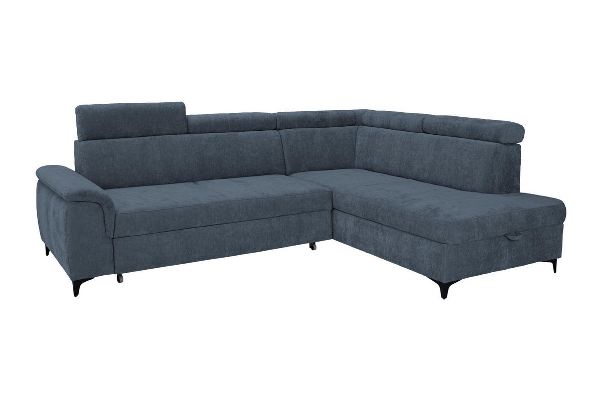 ECKSOFA Dunkelblau Chenille Bettkasten, Schlaffunktion, Rücken echt, Kopfteilverstellung, Liegefläche im Originalstoff  - Schwarz/Dunkelblau, KONVENTIONELL, Textil/Metall (265/206cm) - Carryhome