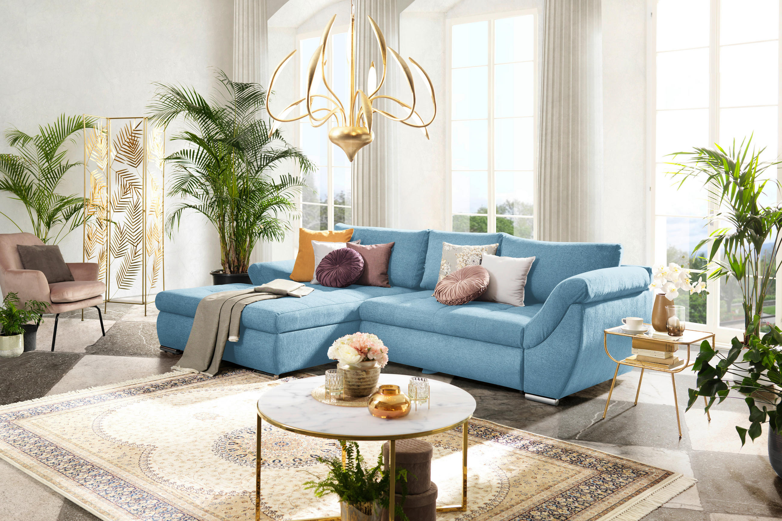 ECKSOFA Blau Flachgewebe  - Blau/Silberfarben, Design, Textil/Metall (174/306cm) - Carryhome