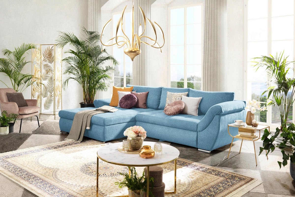 ECKSOFA Blau Flachgewebe  - Blau/Silberfarben, Design, Textil/Metall (174/306cm) - Carryhome