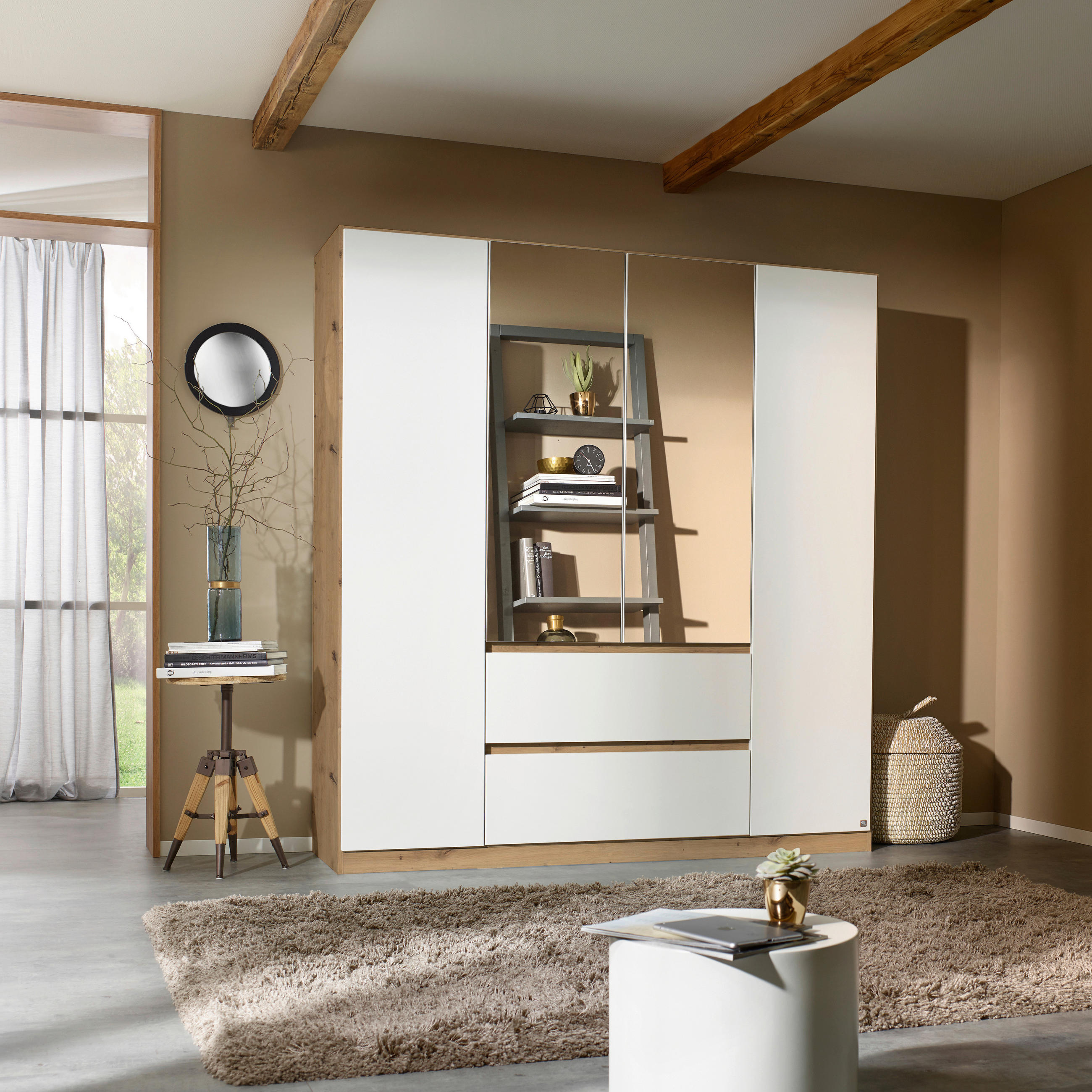 DREHTÜRENSCHRANK in Weiss, Eiche Artisan, Silberfarben  - Weiss/Silberfarben, Basics, Holzwerkstoff (181/197/54cm) - Rauch Möbel