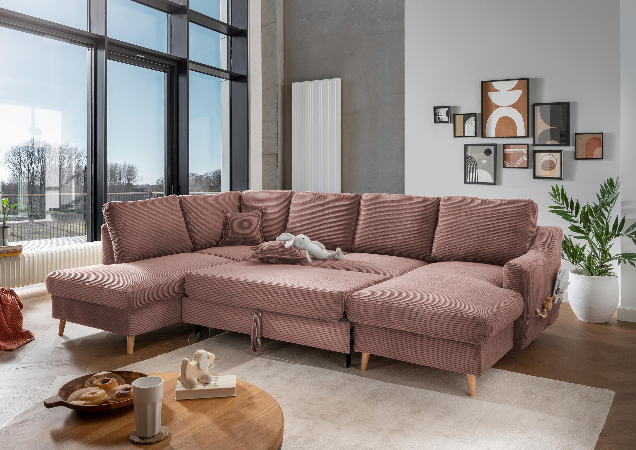WOHNLANDSCHAFT Rosa Cord  - Naturfarben/Rosa, KONVENTIONELL, Holz/Textil (200/301/150cm) - P & B