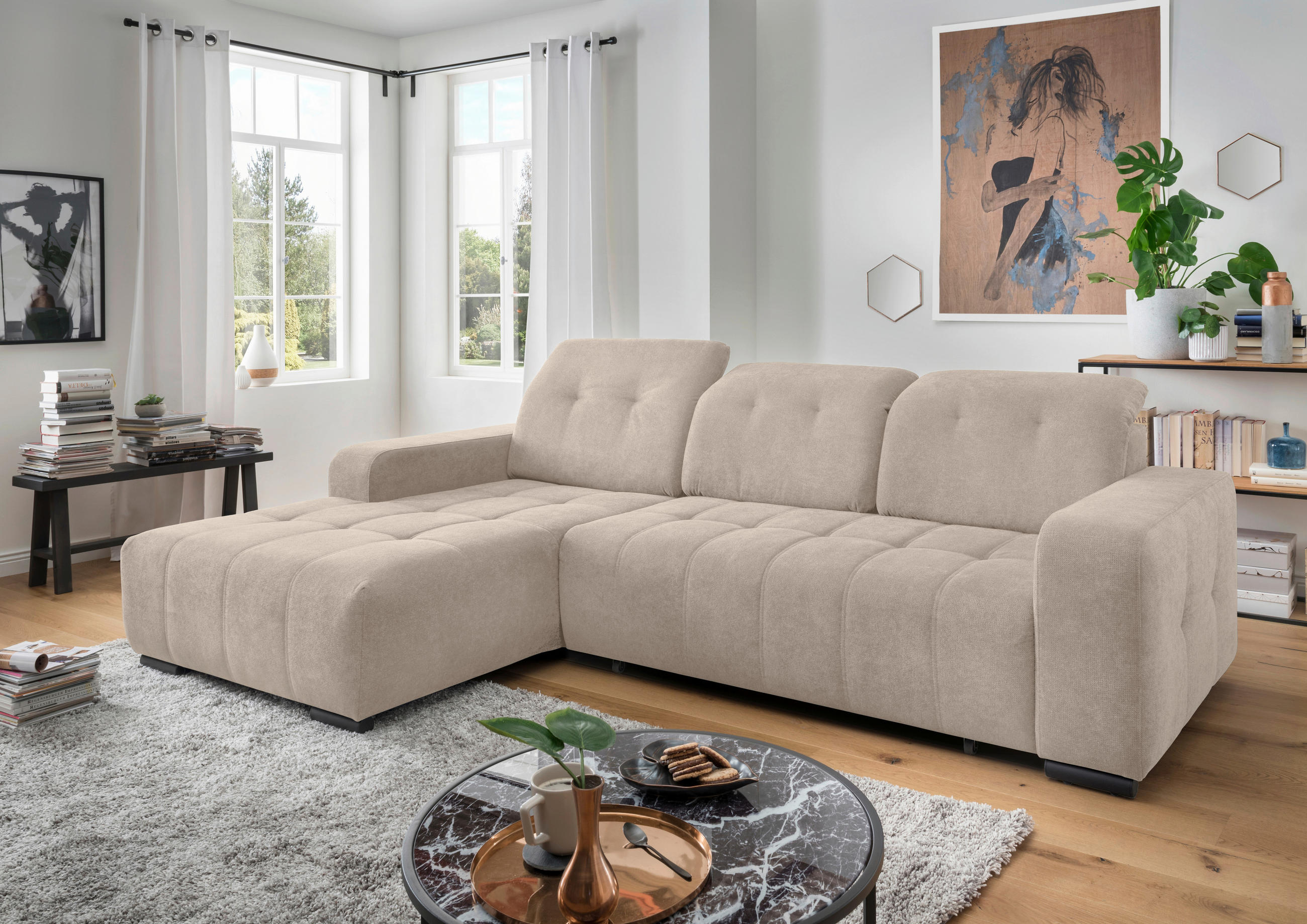 ECKSOFA Mikrofaser Beige  - Beige/Schwarz, Modern, Textil/Metall (185/292cm) - Livetastic