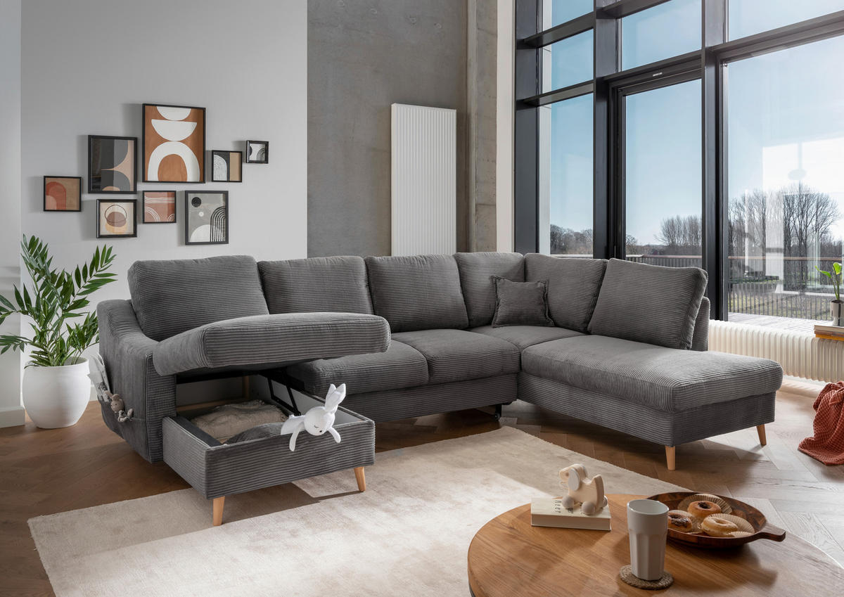 WOHNLANDSCHAFT in Cord Grau  - Naturfarben/Grau, KONVENTIONELL, Holz/Textil (150/301/200cm) - P & B