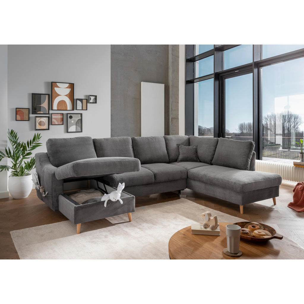 Thumbnail - P & B Wohnlandschaft, Grau, Textil, Buche, Uni, 6-Sitzer, Füllung: Schaumstoff, U-Form, 301x200 cm, Made in EU, Liegefun...