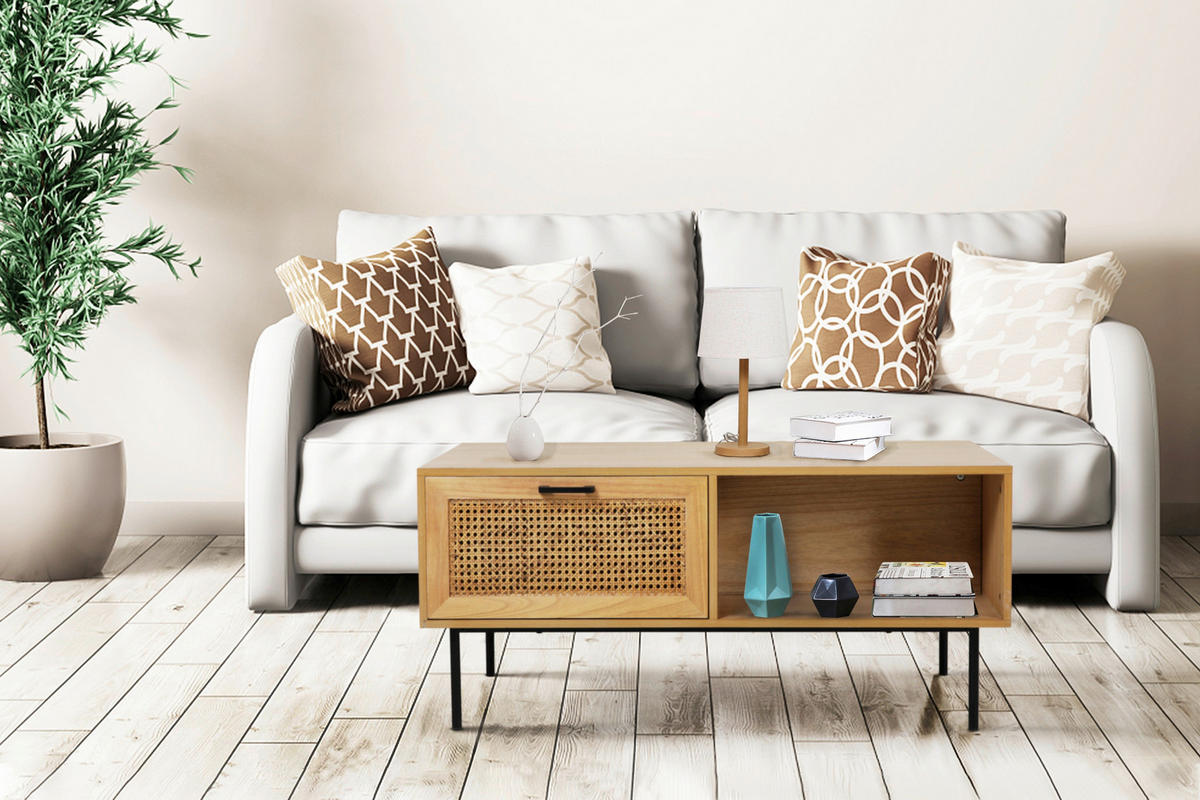 COUCHTISCH Rattan 110/59/50 cm rechteckig Naturfarben, Schwarz  - Schwarz/Naturfarben, Design, Holz/Holzwerkstoff (110/59/50cm) - Livetastic