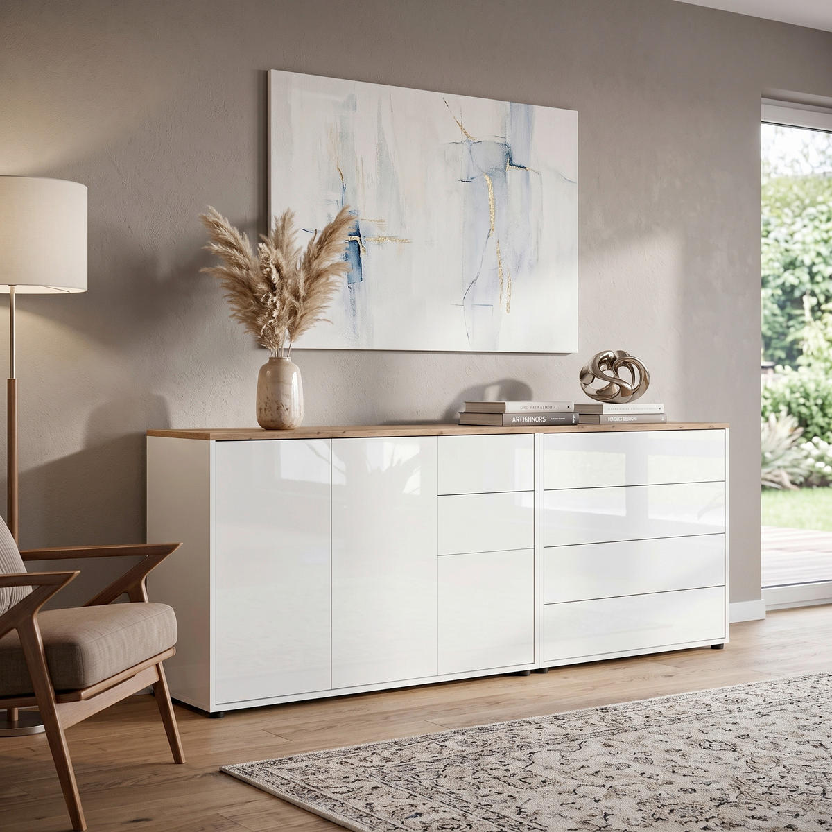 SIDEBOARD Mailand Set 9 184,5/73/33 cm 6 Schublade(n)  - Weiß Hochglanz/Schwarz, MODERN, Holzwerkstoff/Kunststoff (184,5/73/33cm) - MID.YOU