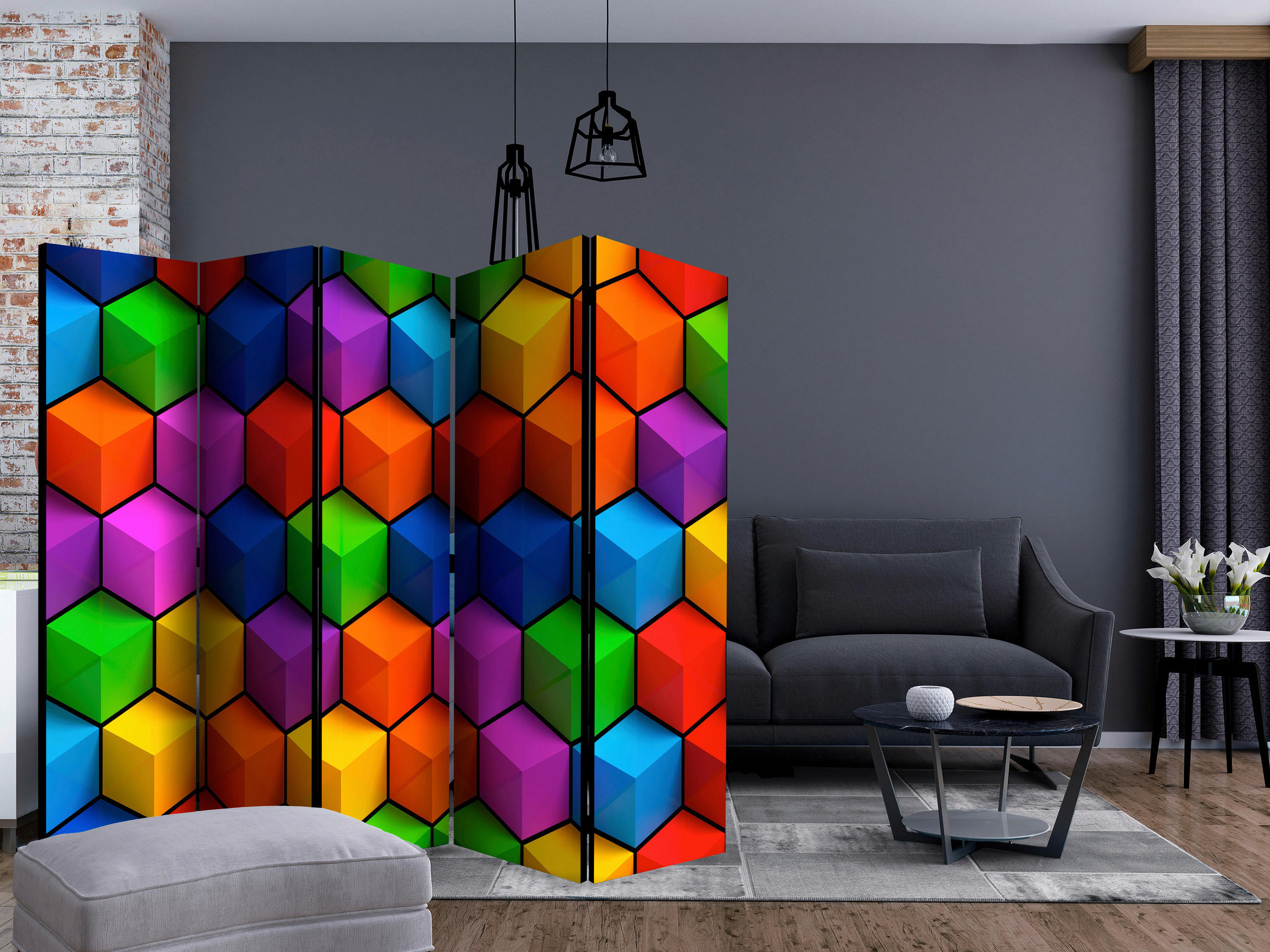 PARAVENT mit 5  Flügel - Multicolor, Basics, Holz/Textil (225/172/3cm) - artgeist