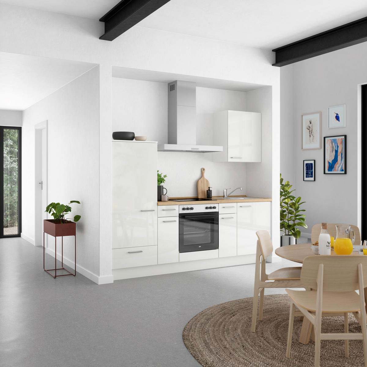 KÜCHENLEERBLOCK 240 cm   in Eichefarben, Weiß Hochglanz  - Edelstahlfarben/Eichefarben, MODERN, Holzwerkstoff/Metall (240cm) - Nobilia