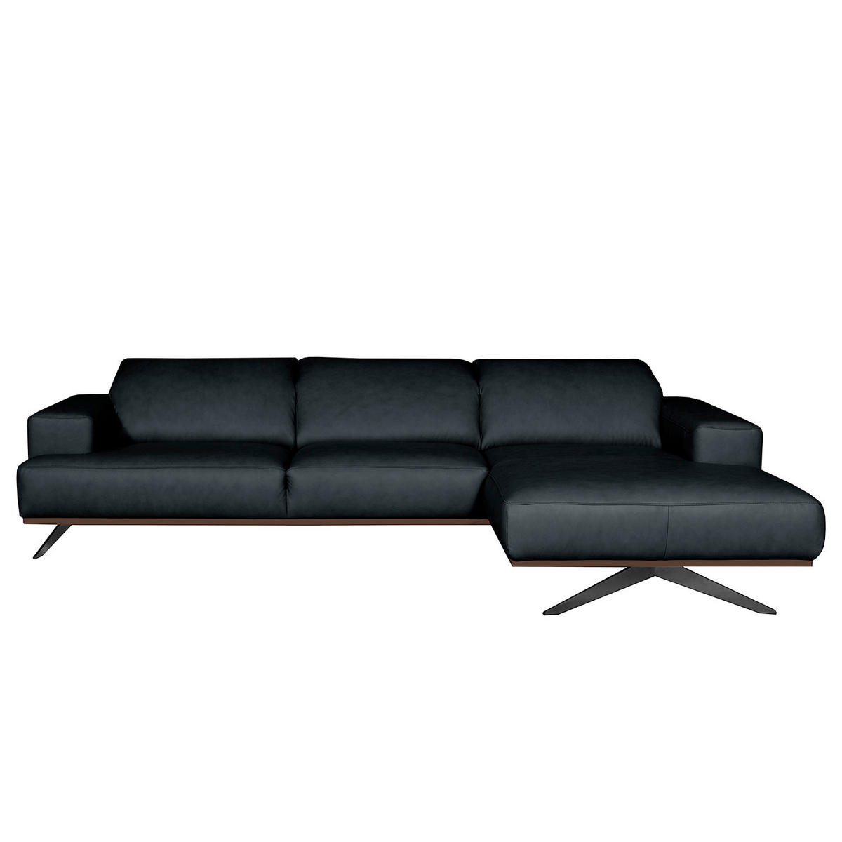 ECKSOFA  in Echtleder Blau Rücken echt, Kopfteilverstellung  295/187 cm  - Blau/Schwarz, Design, Leder/Metall (295/187cm) - Livetastic