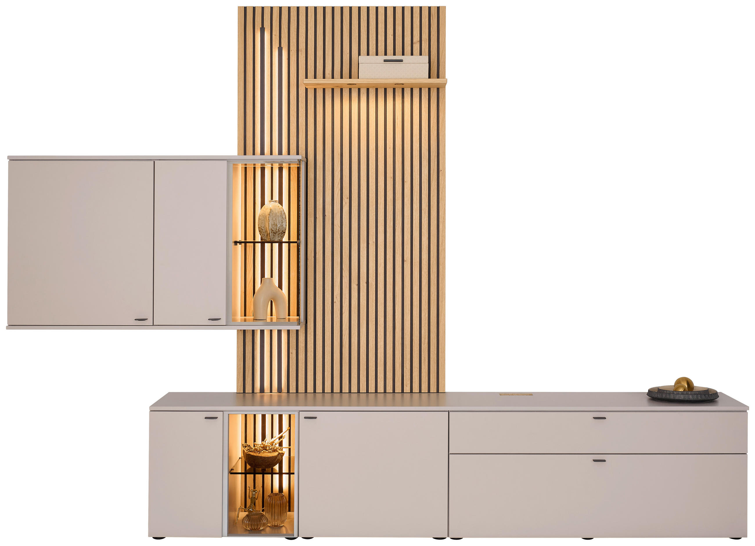 WOHNWAND  Eichefarben, Seidengrau 300/224/43 cm  - Eichefarben/Seidengrau, Design, Glas/Holz (300/224/43cm) - Venjakob