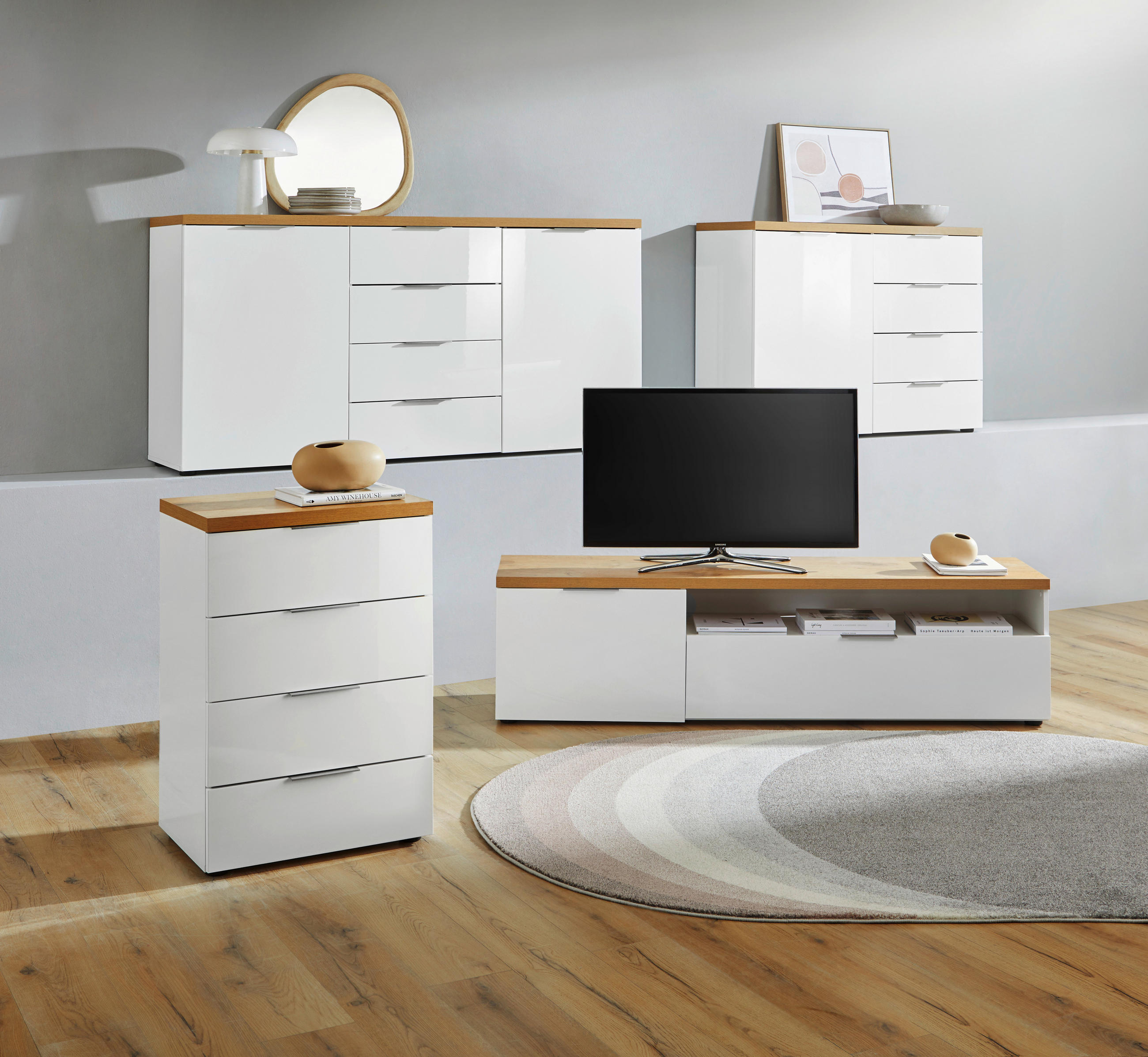 KOMMODE Weiß, Eichefarben - Eichefarben/Alufarben, Design, Kunststoff/Metall (60/89/43cm) - Xora