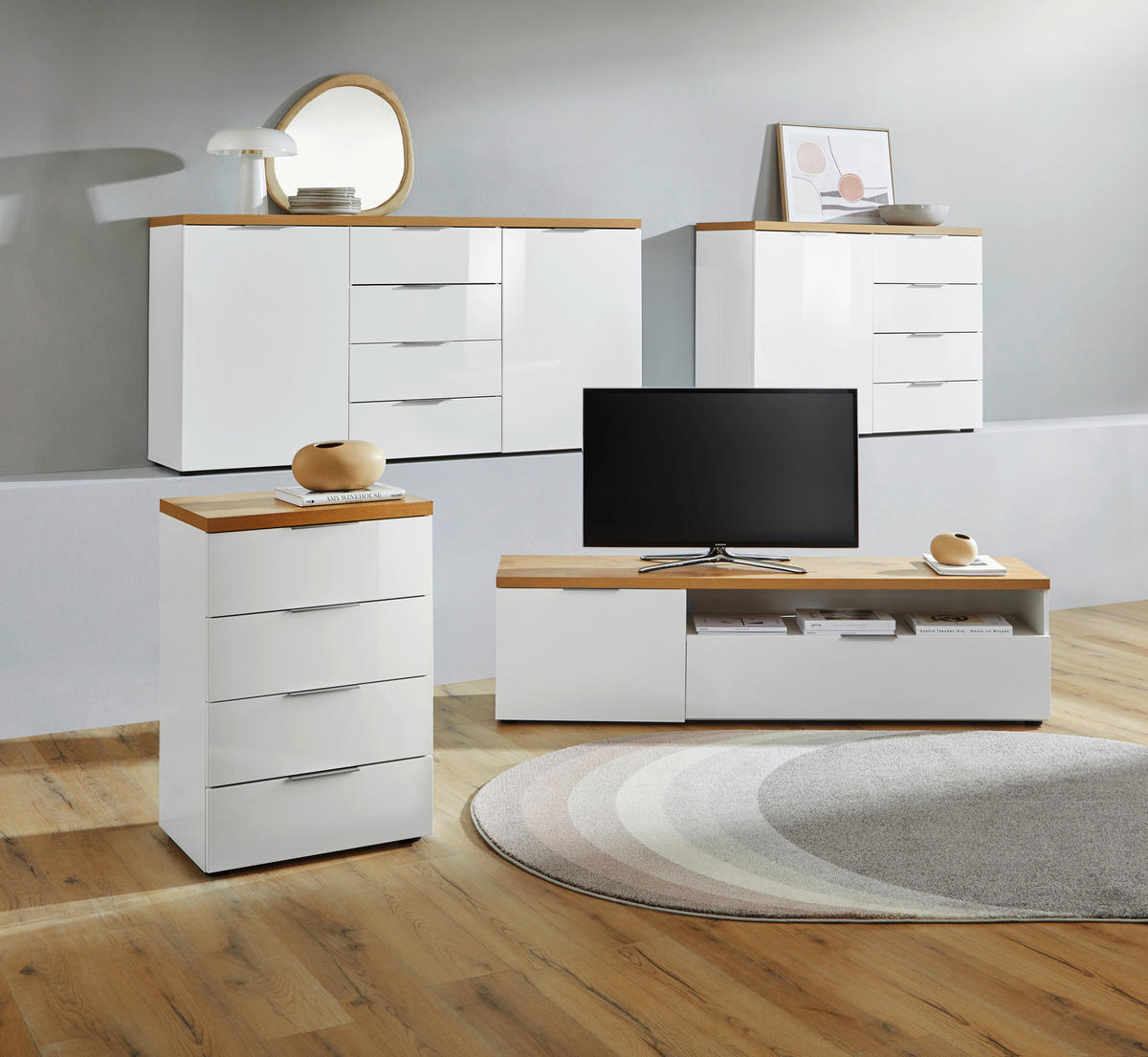 KOMODA   180/89/43 cm   bijela, boje hrasta  - bijela/boje hrasta, Design, drvni materijal/metal (180/89/43cm) - Voleo