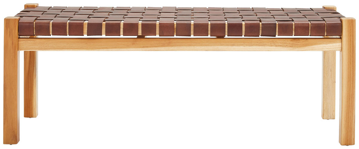 HOCKERBANK in Holz, Leder Cognac  - Hellbraun/Cognac, Basics, Leder/Holz (120/45/43cm) - MID.YOU