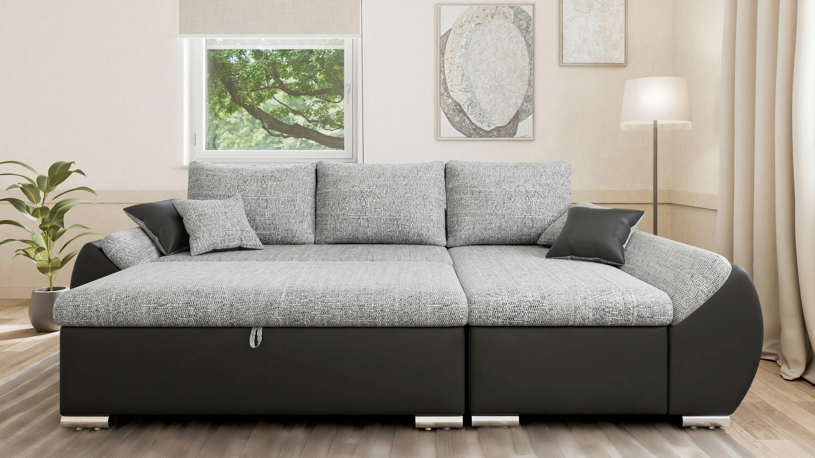 ECKSOFA, inkl. Hocker AURO in Grau, Schwarz Rücken echt, Hocker, Stauraum  275/155 cm  - Silberfarben/Schwarz, Design, Kunststoff/Textil (275/155cm) - MID.YOU