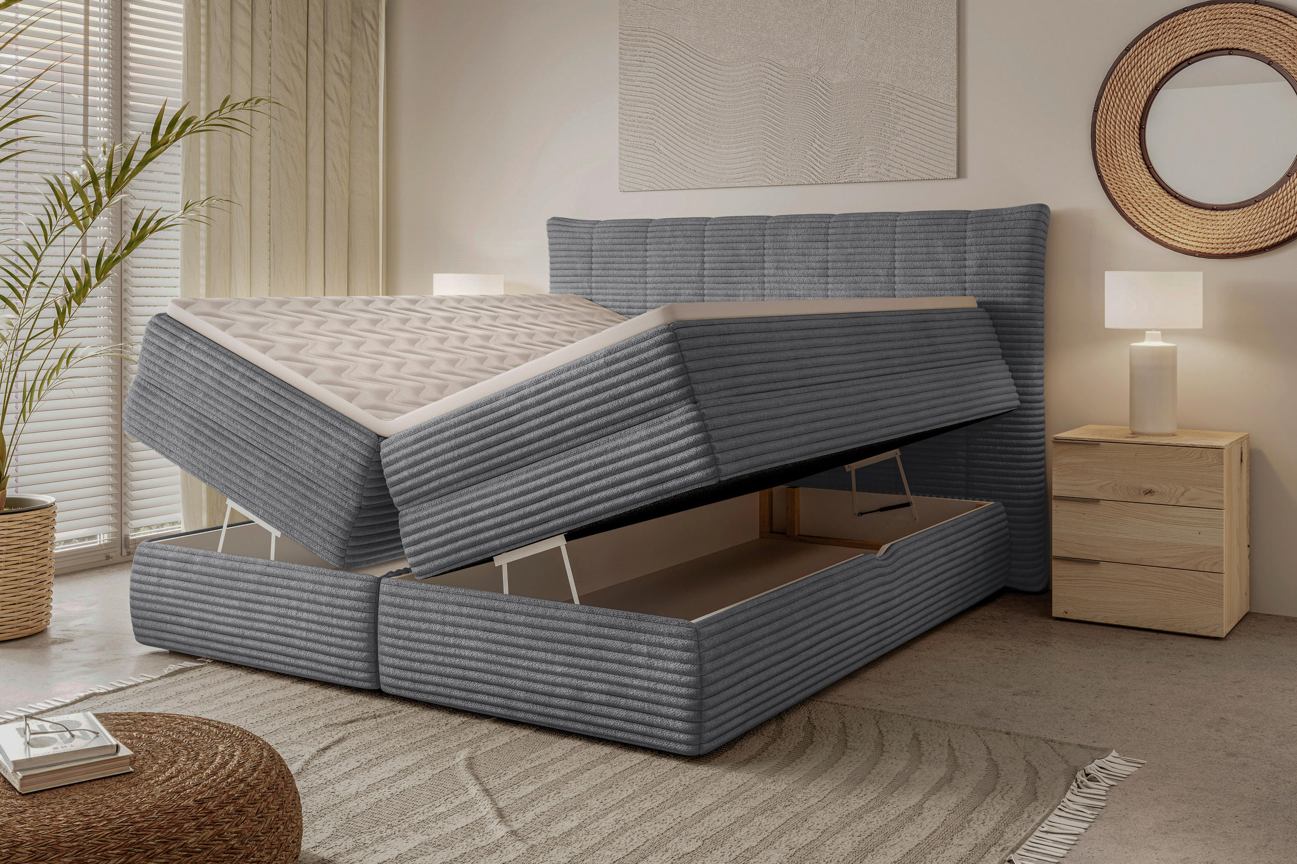 BOXSPRINGBETT 180/200 cm,  in Dunkelgrau, gepolstertes Kopfteil, Bettkasten, Topper, Matratzen, H3 + H3 = fest  - Dunkelgrau/Schwarz, Design, Kunststoff/Textil (180/200cm) - Chameo