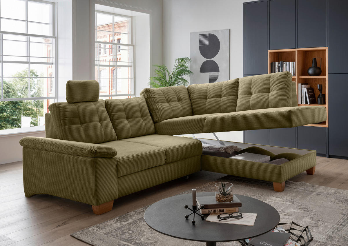 ECKSOFA in Cord Olivgrün  - Naturfarben/Olivgrün, Modern, Holz/Textil (274/206cm) - Livetastic