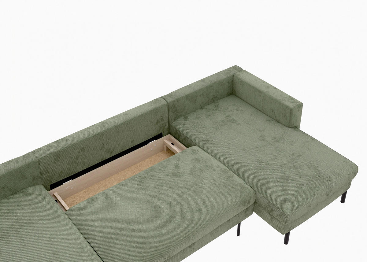 WOHNLANDSCHAFT Grün Cord  - Schwarz/Grün, MODERN, Textil/Metall (161/306/161cm) - Trendmanufaktur