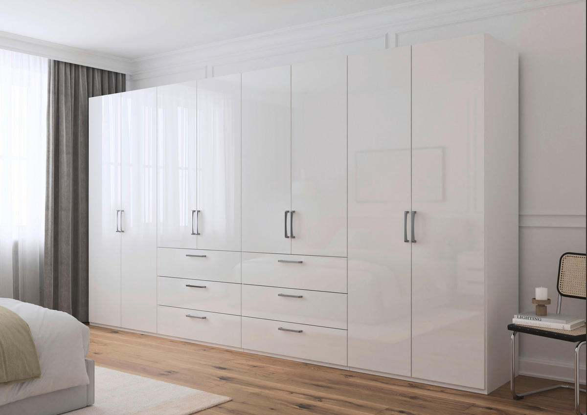 DREHTÜRENSCHRANK 400/235/61 cm,  in Weiß, Weiß Hochglanz, 8-türig  - Edelstahlfarben/Weiß Hochglanz, Basics, Holzwerkstoff/Metall (400/235/61cm) - Novel