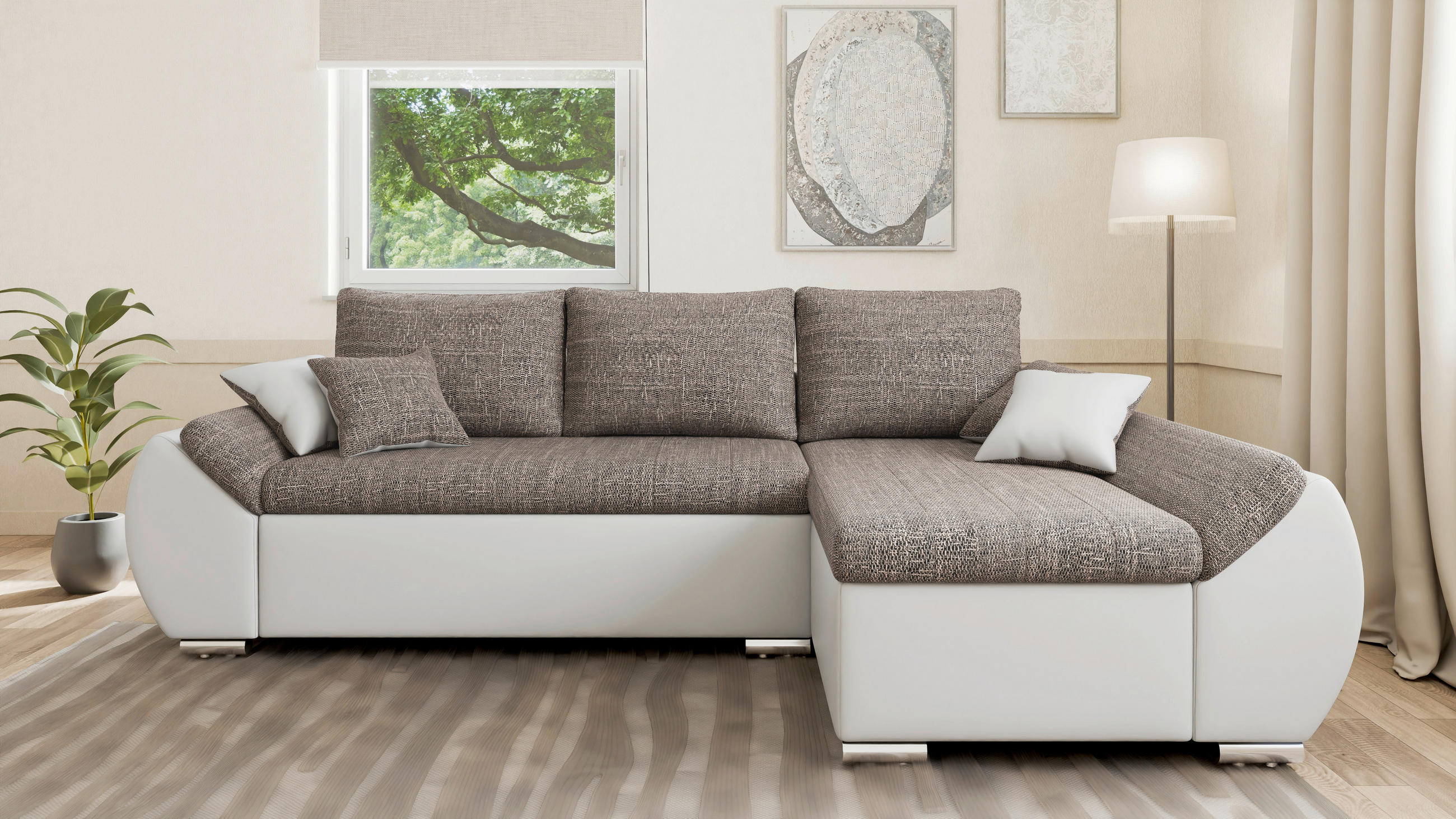 ECKSOFA  AURO Braun, Weiß  - Silberfarben/Braun, Design, Kunststoff/Textil (275/155cm) - MID.YOU