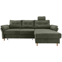 ECKSOFA Dunkelgrün Chenille Bettkasten, Schlaffunktion, Sitztiefenverstellung, Kopfstütze, Liegefläche im Originalstoff  - Dunkelgrün/Naturfarben, MODERN, Holz/Textil (250/176cm) - Livetastic
