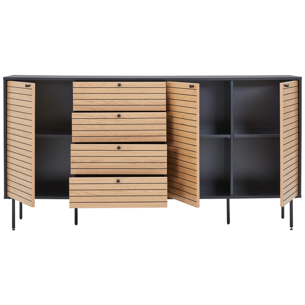 Thumbnail - Xora Sideboard, Schwarz, Eiche, Metall, 3 Fächer, 4 Schubladen, 180x94x40 cm, Beimöbel erhältlich, stehend, Wohnzimmer, ...
