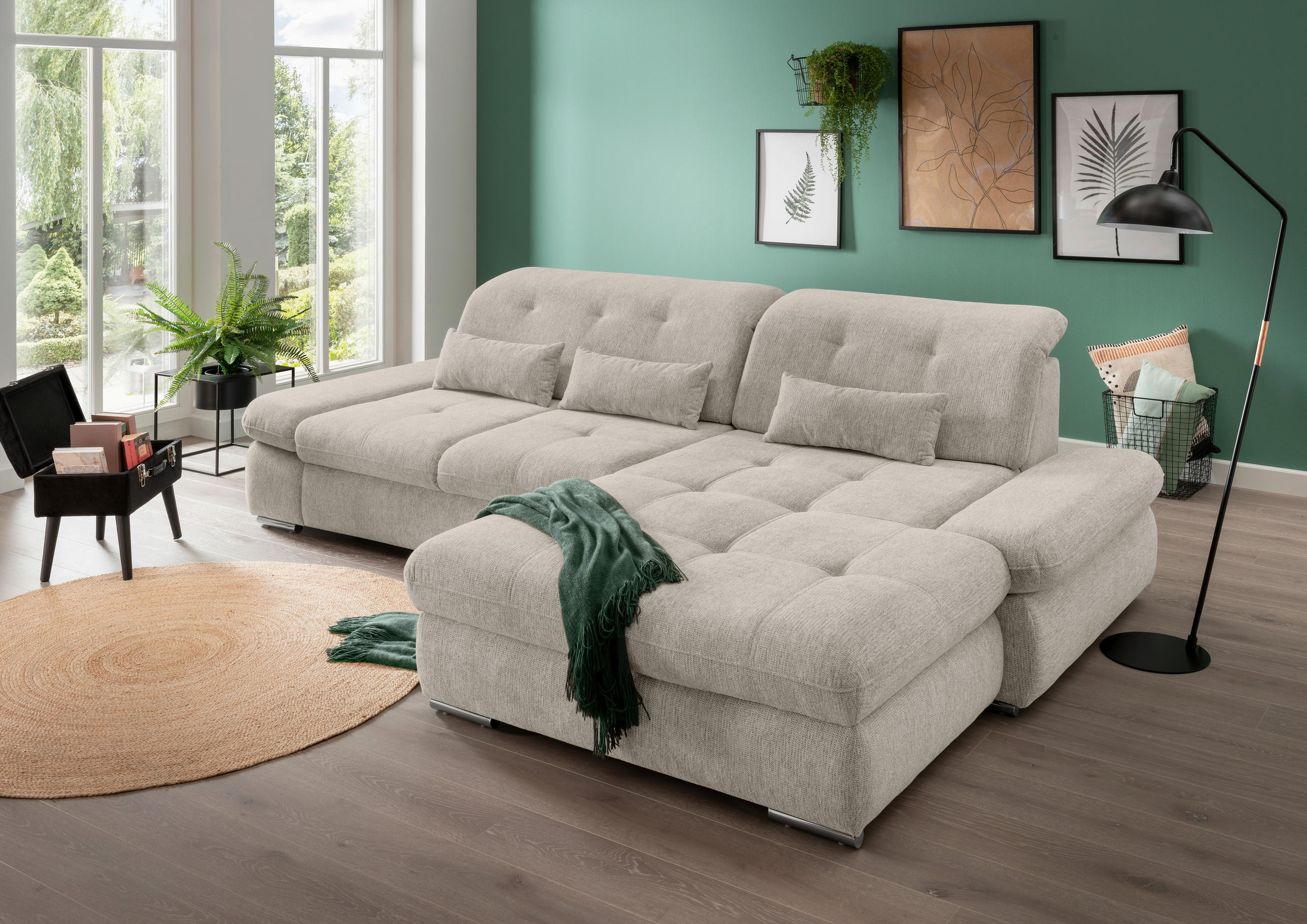 ECKSOFA Beige Chenille  - Chromfarben/Beige, Design, Textil/Metall (300/196cm) - Livetastic