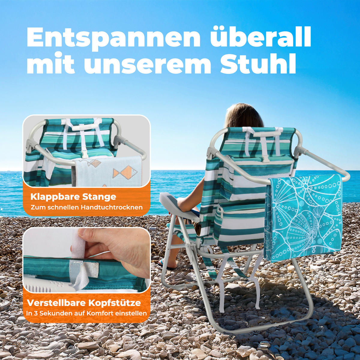 STRANDSTUHL Aluminium Grün, Türkis  - Türkis/Grün, Basics, Textil/Metall (57/90/76cm) - Modante