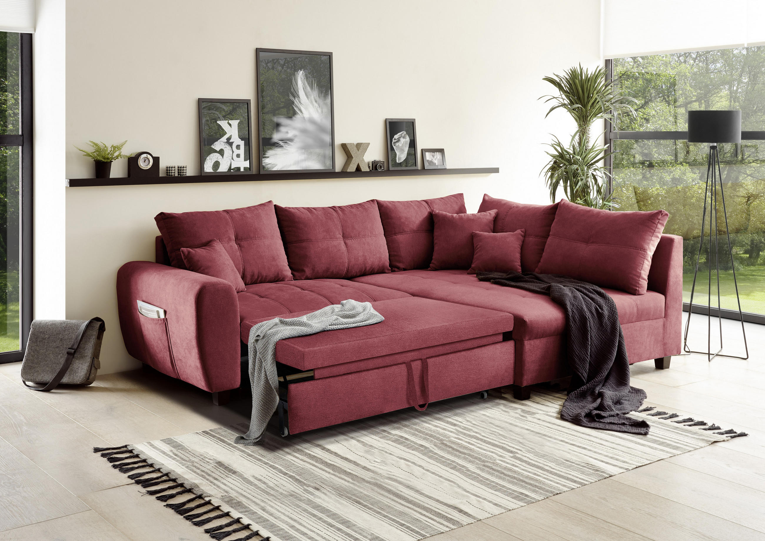 ECKSOFA in Mikrovelours Beere  - Beere/Schwarz, Basics, Holzwerkstoff/Kunststoff (248/176cm) - MID.YOU