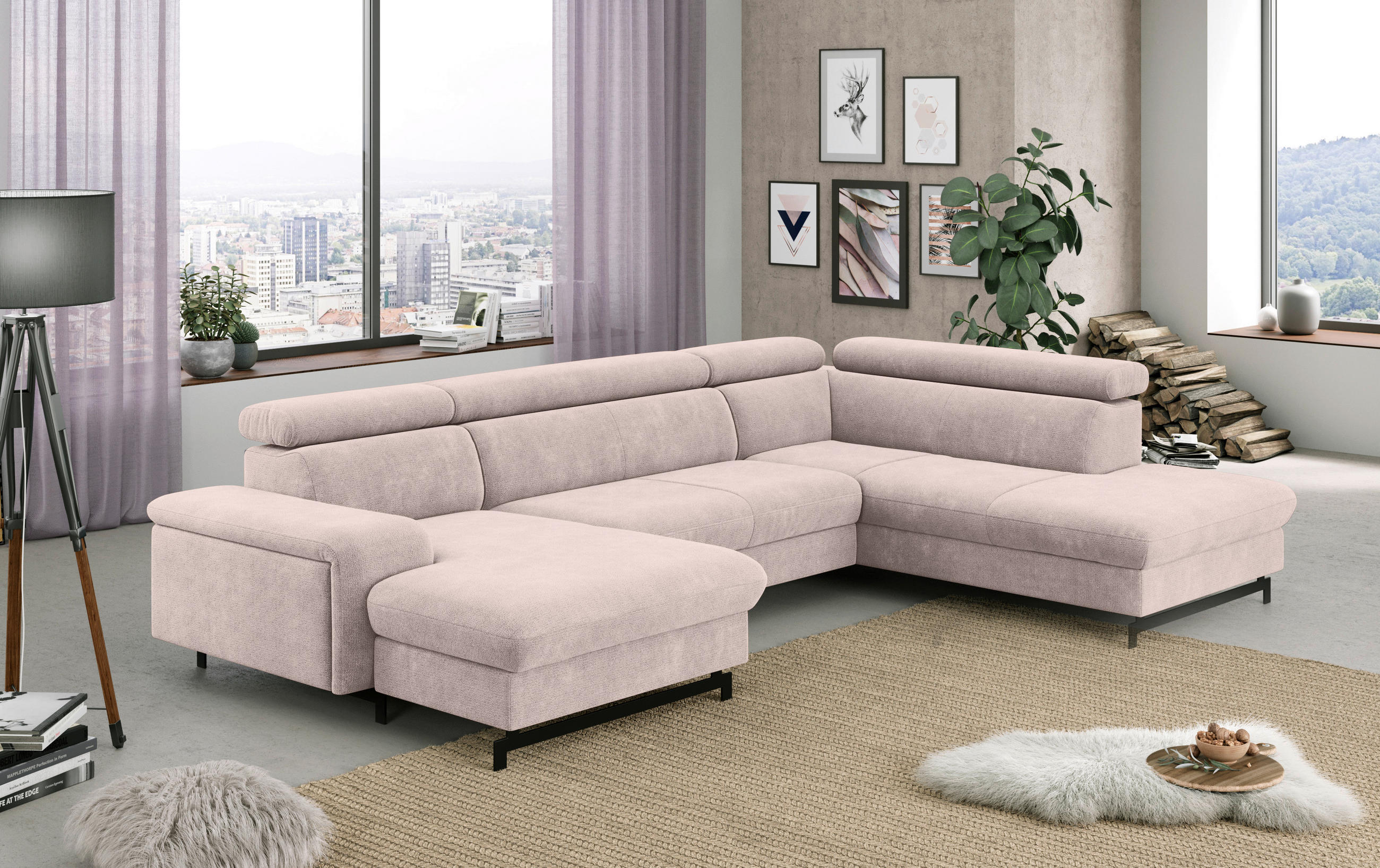 WOHNLANDSCHAFT in Chenille Creme  - Creme/Schwarz, Textil/Metall (165/328/215cm) - MID.YOU