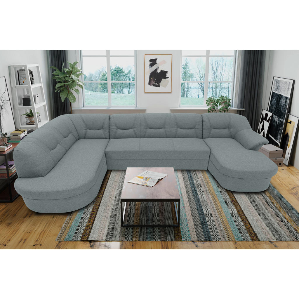 Thumbnail - Mid.you Wohnlandschaft, Mintgrau, Textil, Uni, 5-Sitzer, U-Form, Ottomane links, 295x180 cm, Made in EU, FSC Mix, Rücken...
