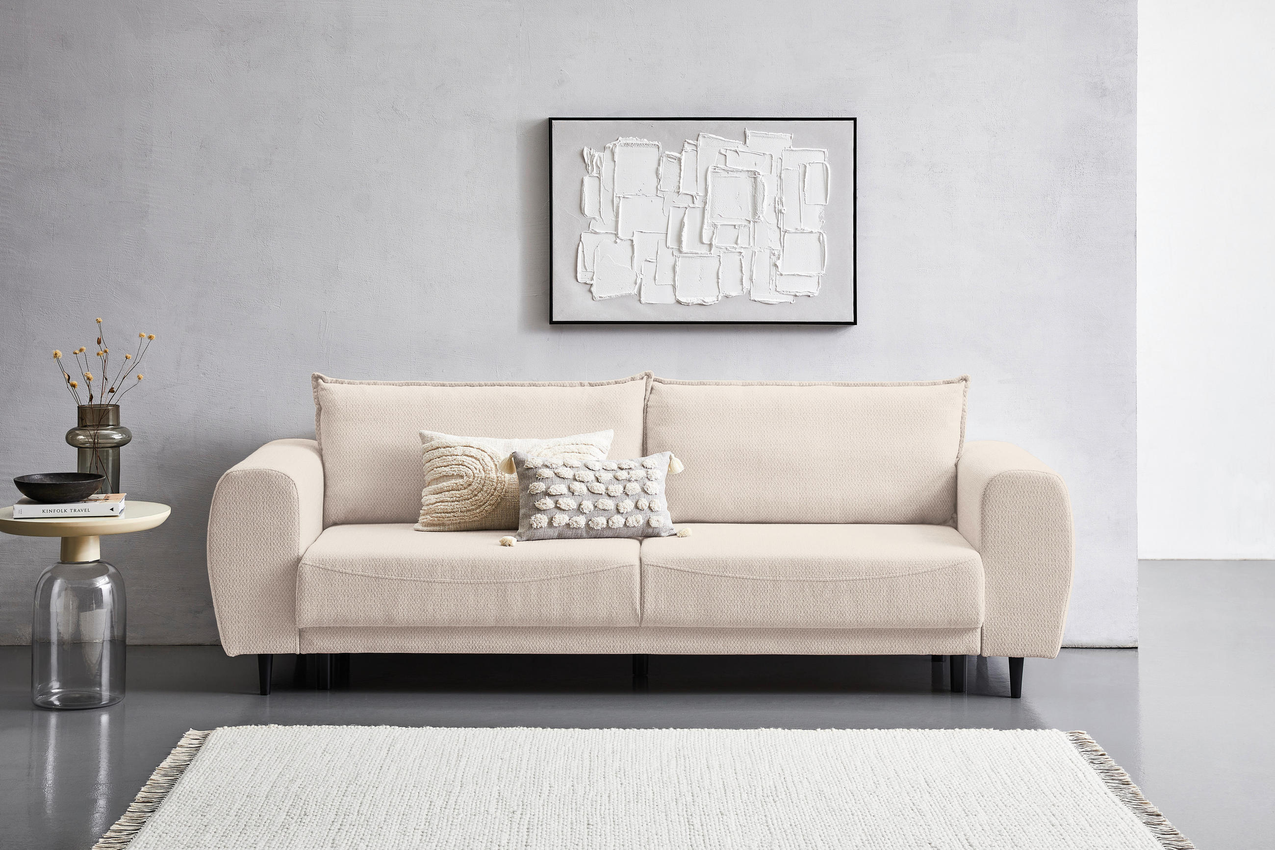 SCHLAFSOFA in Chenille Creme  - Creme/Schwarz, Konventionell, Holz/Textil (245/85/92cm) - Livetastic
