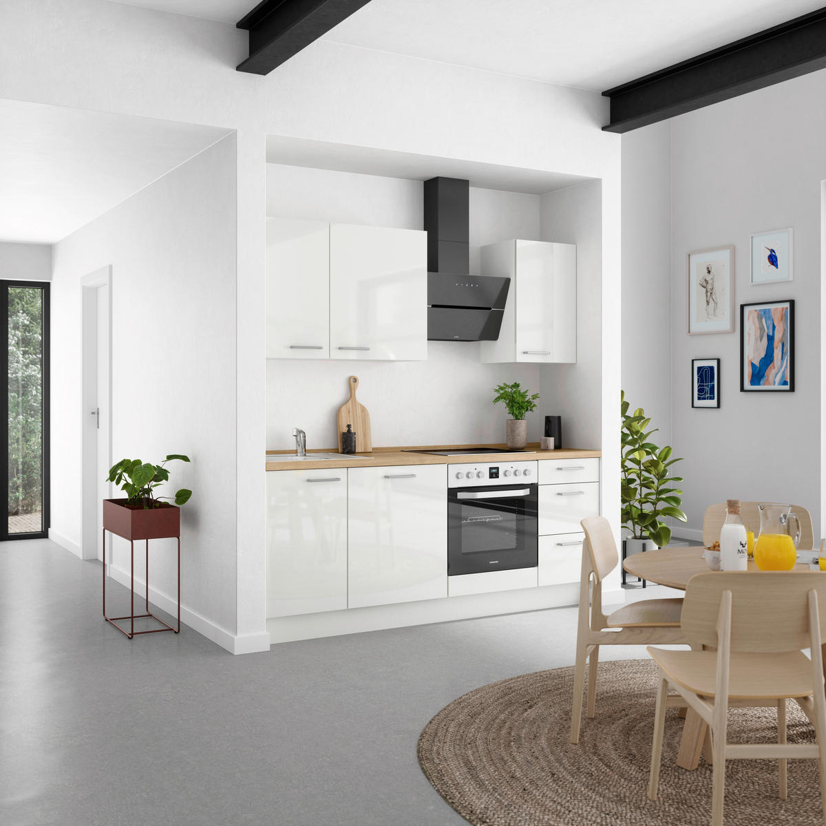 KÜCHENLEERBLOCK 210 cm   in Eichefarben, Weiß Hochglanz  - Edelstahlfarben/Eichefarben, MODERN, Holzwerkstoff/Metall (210cm) - Nobilia