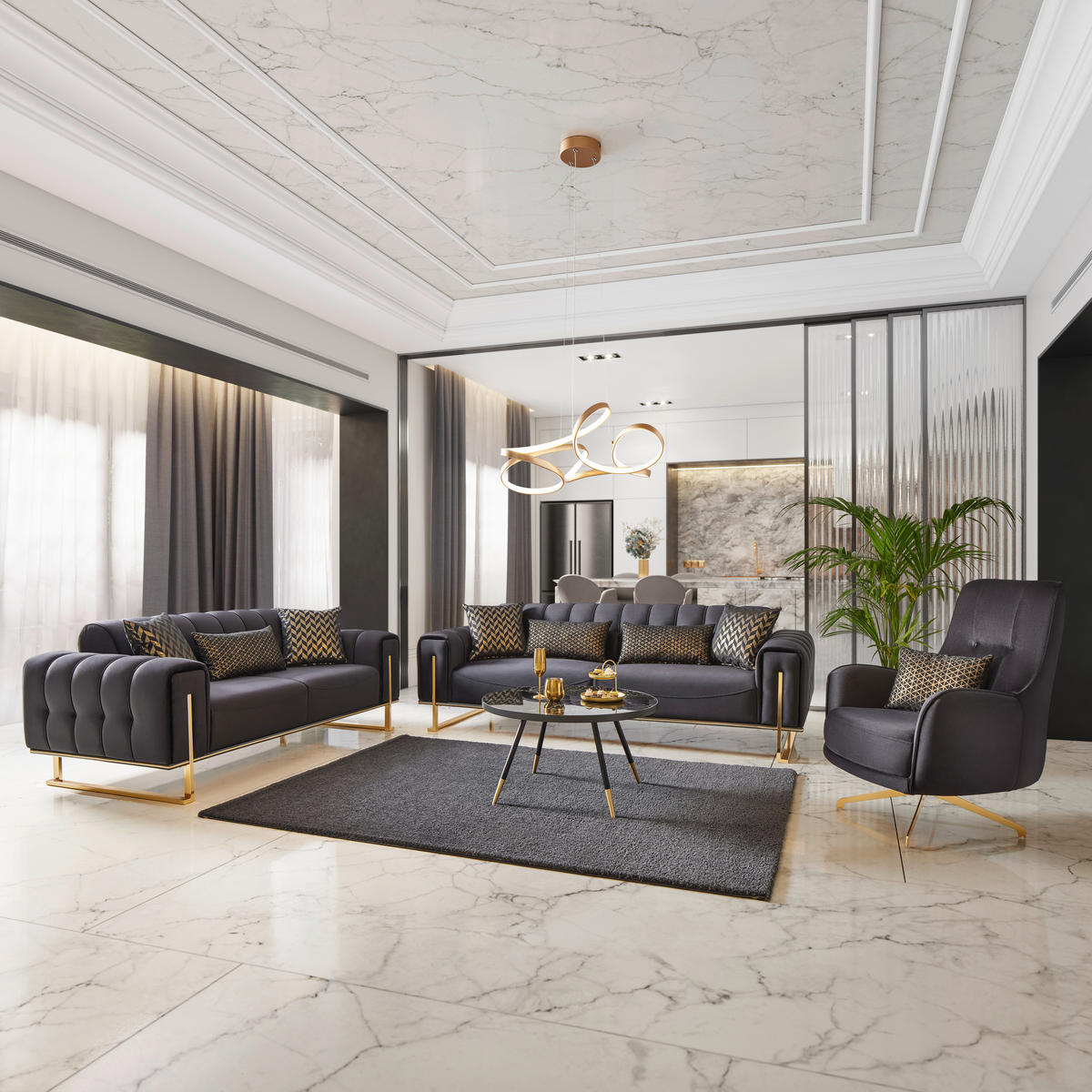 3-sitzer-sofa Aile, textil, negru - auriu/negru, Lifestyle, textil (244/80/90cm) - Based