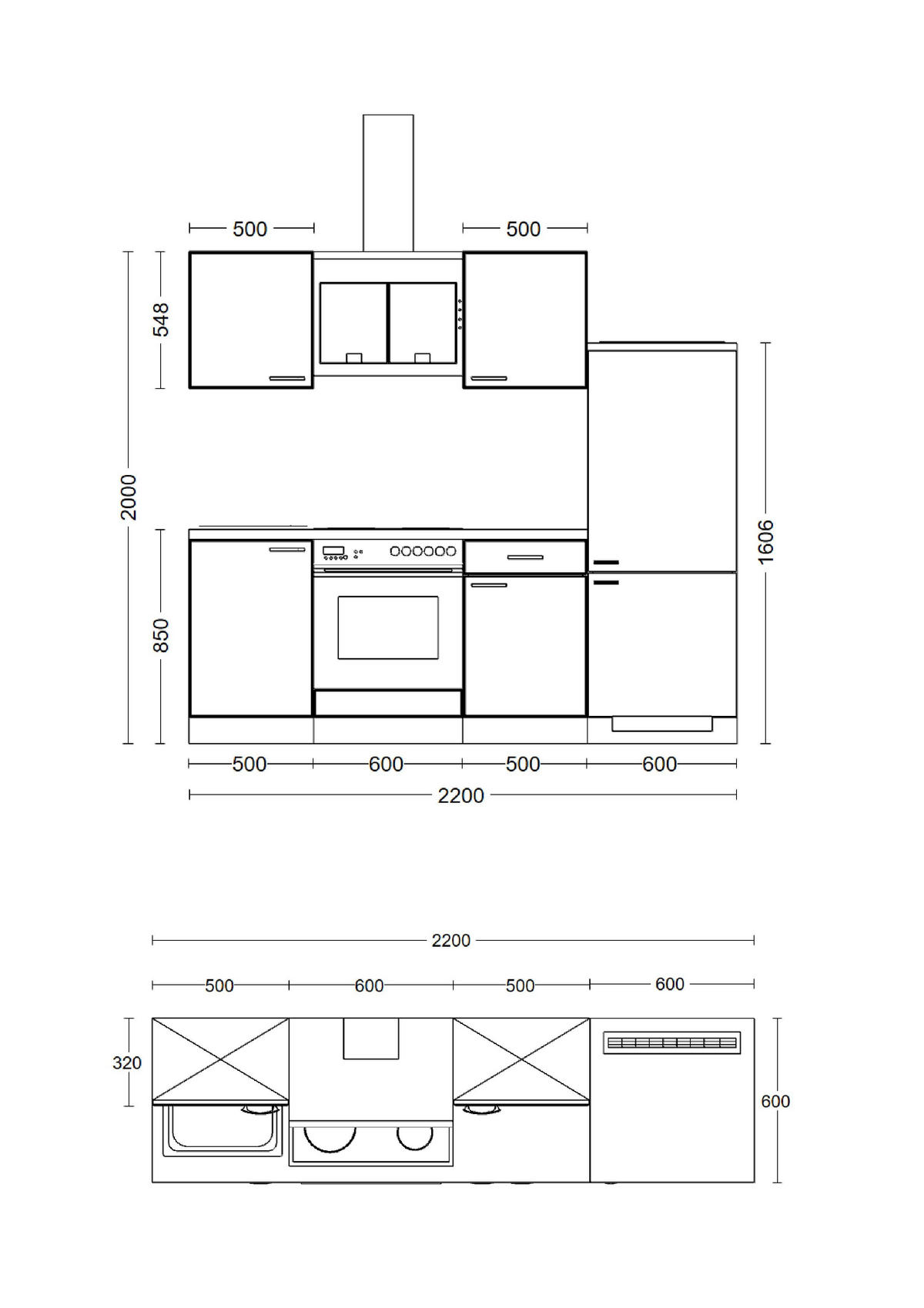 KÜCHENBLOCK 220 cm   in Weiß  - Edelstahlfarben/Hellgrau, MODERN, Holzwerkstoff/Kunststoff (220cm) - FlexWell