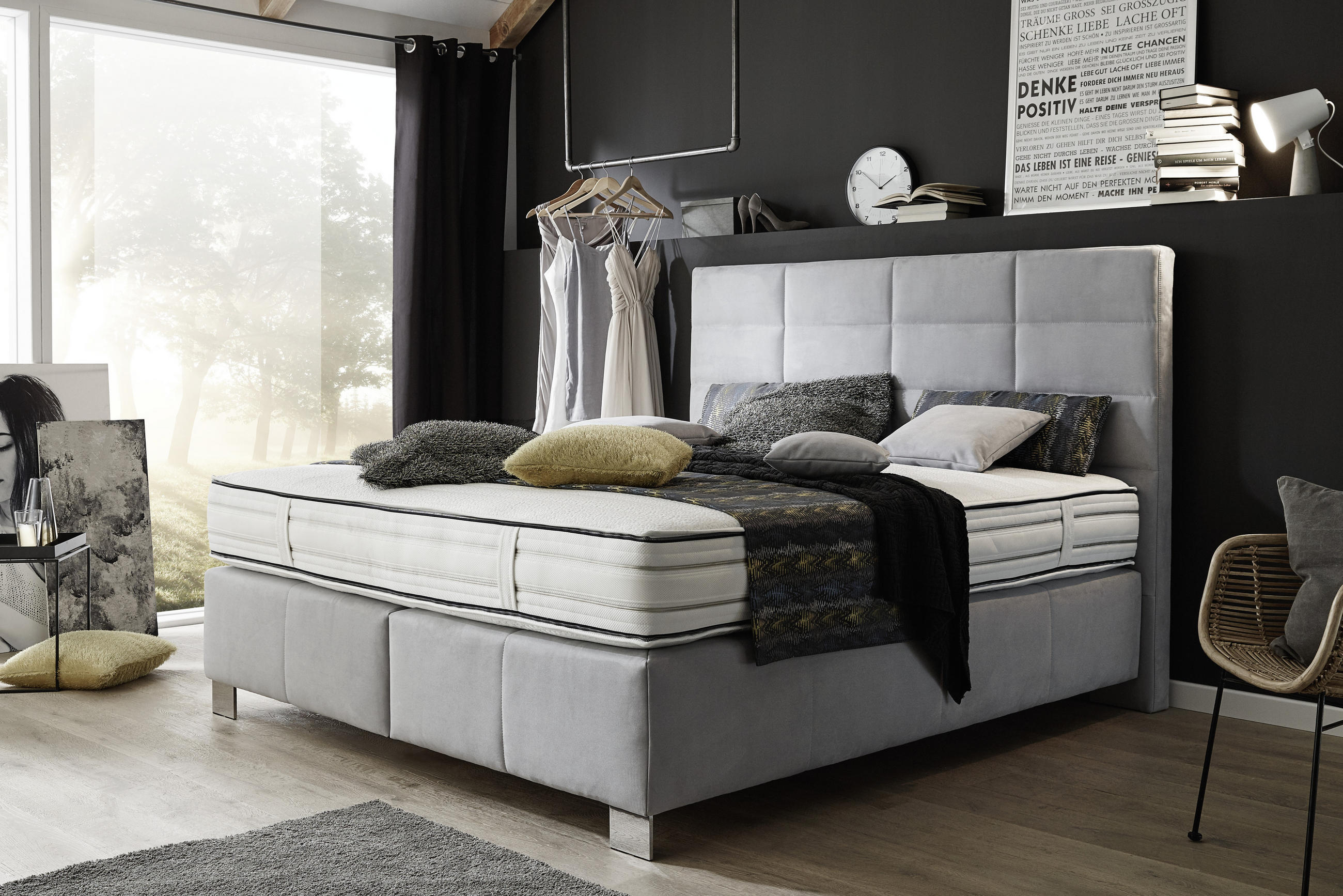 BOXSPRINGBETT 180/200 cm  in Hellgrau  - Hellgrau/Alufarben, Konventionell, Textil/Metall (180/200cm) - Dieter Knoll