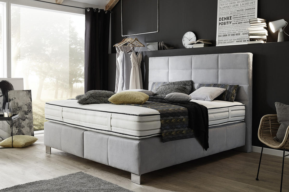 BOXSPRINGBETT 180/200 cm  in Hellgrau  - Hellgrau/Alufarben, Konventionell, Textil/Metall (180/200cm) - Dieter Knoll