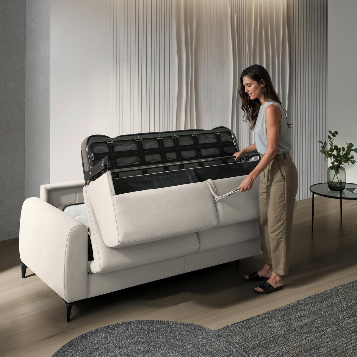 SCHLAFSOFA Flachgewebe Creme  - Creme/Schwarz, Konventionell, Holz/Textil (203/88/102cm) - Novel