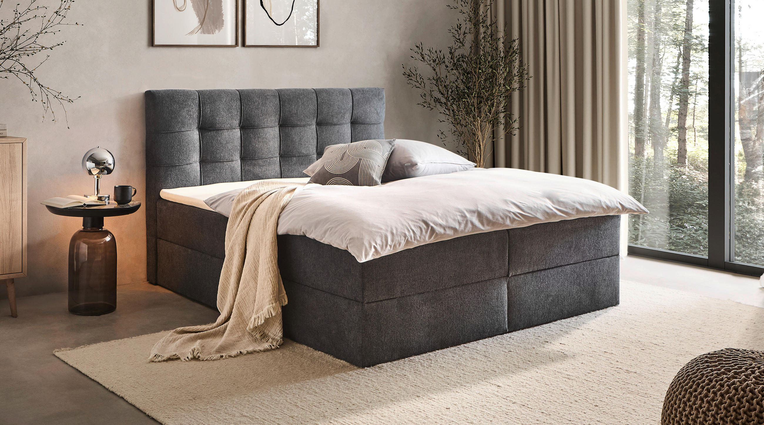 BOXBETT 160/200 cm,  in Dunkelgrau, Bettkasten, Topper, H3 + H3 = fest  - Dunkelgrau/Schwarz, KONVENTIONELL, Kunststoff/Textil (160/200cm) - Boxxx