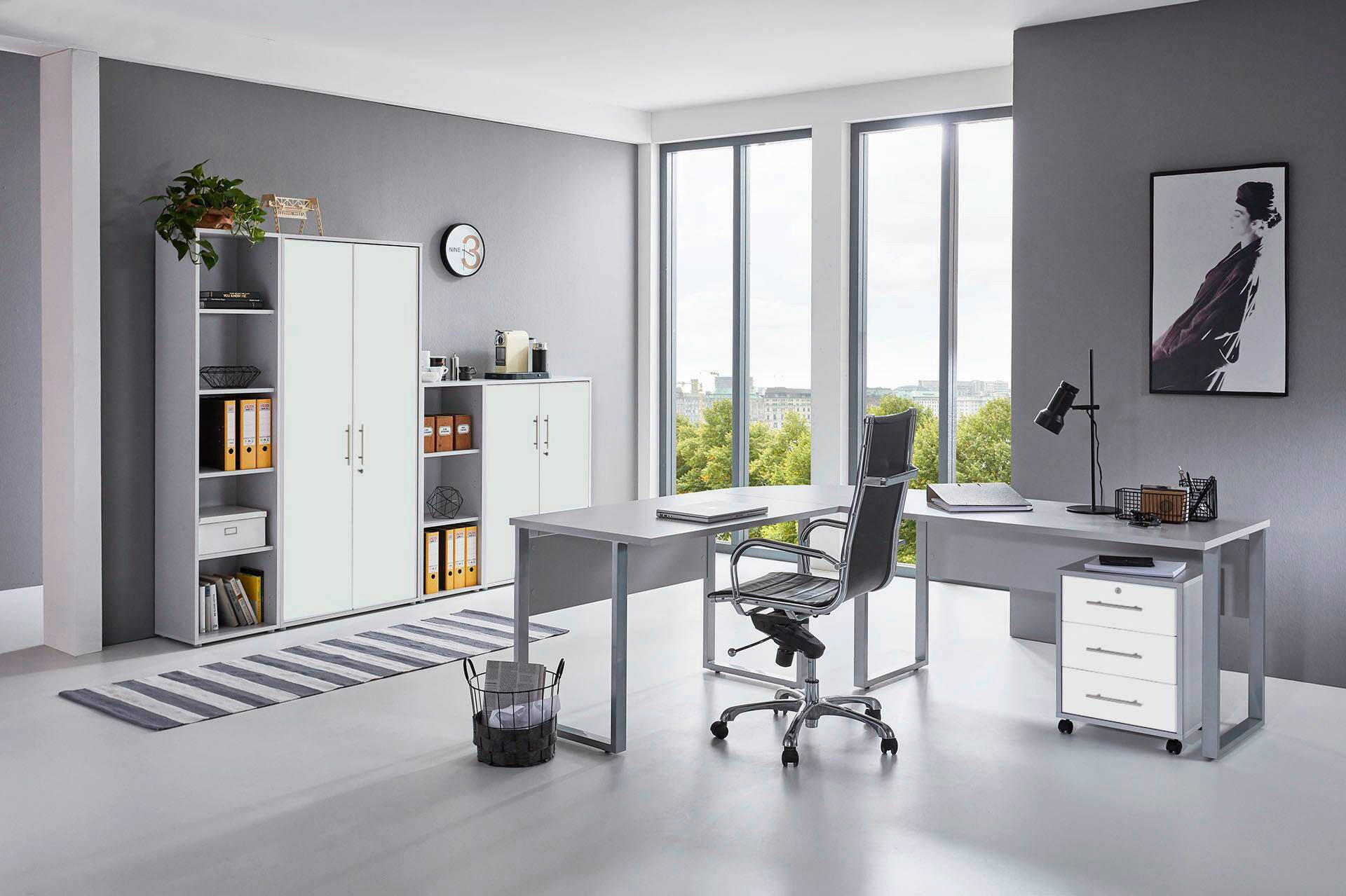 BÜRO erweiterbar, in verschiedenen Holz-Dekoren erhältlich, Schreibtisch seitenverkehrt montierbar, abschließbar Grau, Weiß - Weiß/Grau, MODERN, Holzwerkstoff - MID.YOU