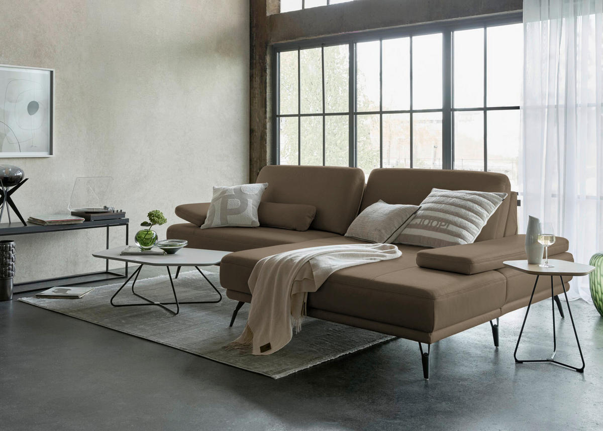 ECKSOFA Echtleder Graubraun  - Graubraun/Schwarz, Konventionell, Leder/Metall (301/180cm) - Joop!