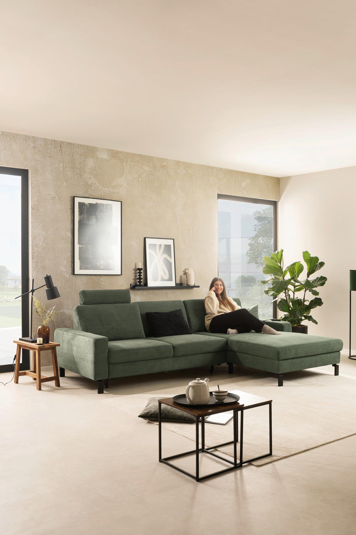 ECKSOFA in Cord Olivgrün  - Schwarz/Olivgrün, Design, Textil/Metall (298/185cm) - Pure Home Lifestyle