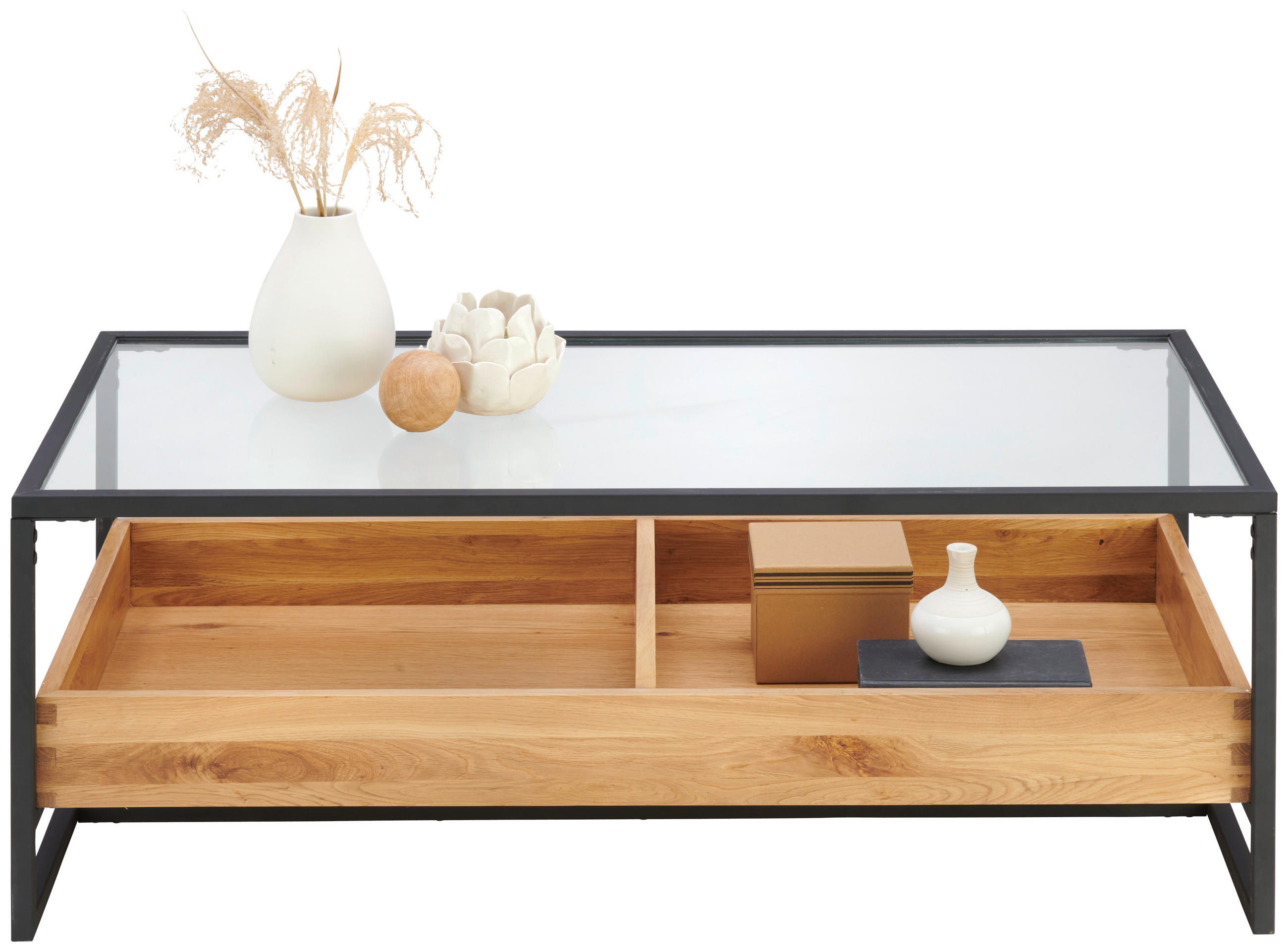 COUCHTISCH Eiche furniert, massiv ESG 110/60/40 cm rechteckig Klar, Schwarz, Eichefarben  - Klar/Eichefarben, Design, Glas/Holz (110/60/40cm) - Hom`in