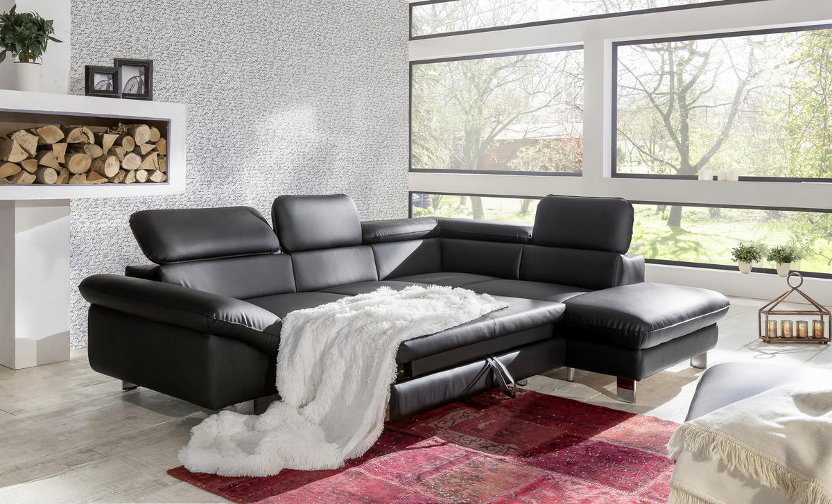 WOHNLANDSCHAFT in Lederlook Schwarz  - Chromfarben/Schwarz, Modern, Textil/Metall (266/214cm) - MID.YOU