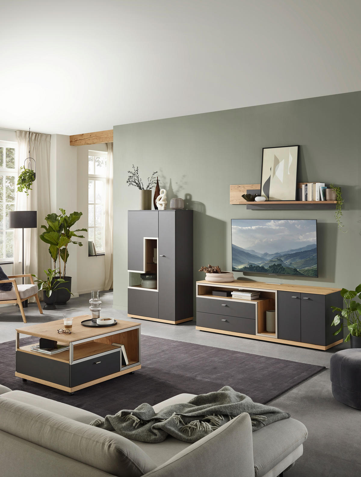 WOHNWAND 3-teilig  in Grau, Eichefarben  290/161/52 cm  - Schieferfarben/Eichefarben, Design, Glas/Holz (290/161/52cm) - Dieter Knoll