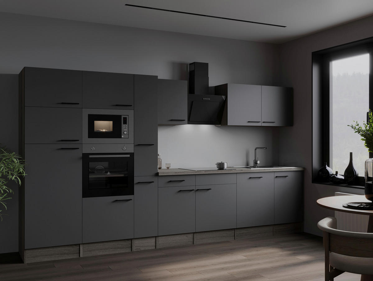 KÜCHENBLOCK 370 cm   in Grau, Eichefarben  - Eichefarben/Schwarz, Design, Holzwerkstoff/Metall (370cm) - Respekta