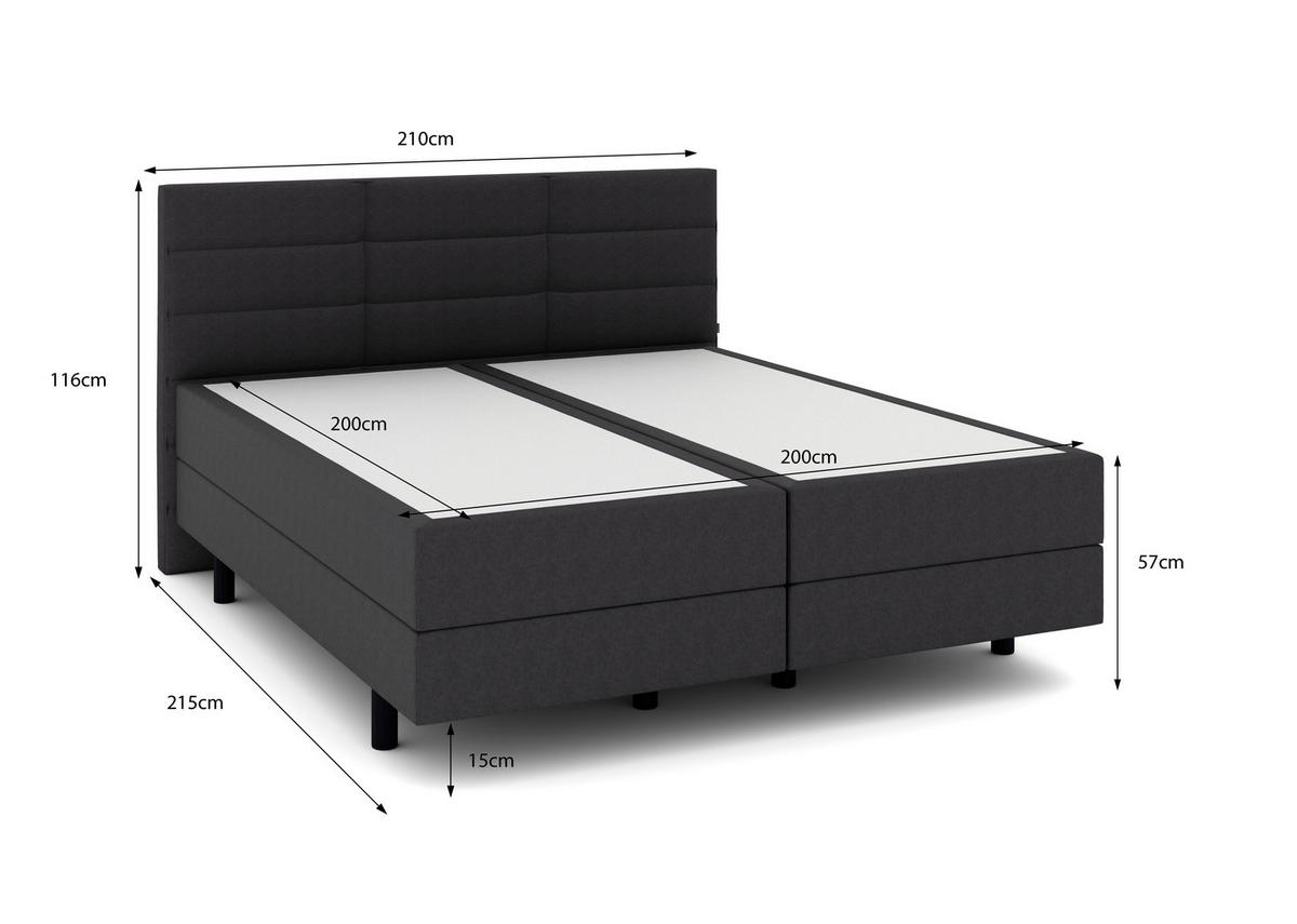 BOXSPRINGBETT 200/200 cm  in Anthrazit  - Anthrazit/Schwarz, KONVENTIONELL, Holzwerkstoff/Kunststoff (200/200cm) - Musterring