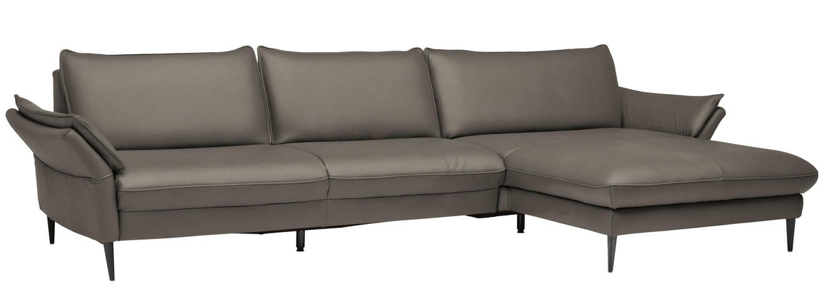 ECKSOFA in Echtleder Graubraun  - Graubraun/Schwarz, Design, Leder/Metall (334/172cm) - Valdera